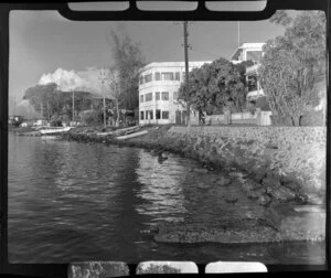 Grand Hotel, Tahiti, showing canoes on side bank