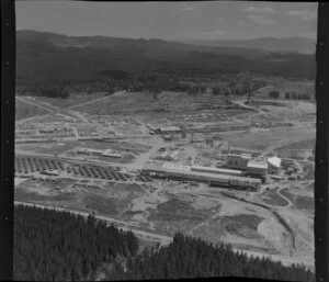 New Zealand Forest Products (NZFP) Ltd, Pulp and Paper mill, Kinleith, South Waikato, showing workers' huts