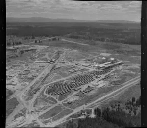 New Zealand Forest Products (NZFP) Ltd, Pulp and Paper mill, Kinleith, South Waikato, showing workers' huts