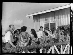Welcoming reception for TEAL (Tasman Empire Airways Limited) passengers, Satapuala, Upolu, Samoa