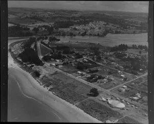 Orewa, Rodney County, Auckland, showing houses and coastline