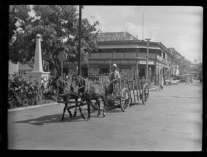 Street scene with man with horse and cart, Papeete, Tahiti