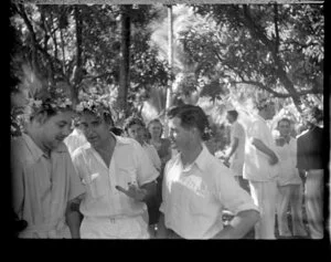 Welcoming reception in Tahiti showing Mr [Challer?], Mr Heathly, Mr Harty