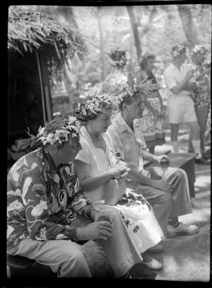 Welcoming reception in Tahiti showing Sir Leonard Isitt and Lady Isitt, Eddie Lund