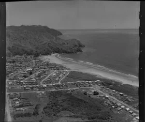 Waihi Beach, Bay of Plenty, showing township and Orokawa Scenic Reserve