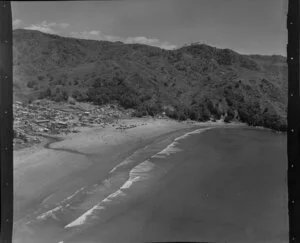 Waihi Beach, Bay of Plenty, showing township and Orokawa Scenic Reserve