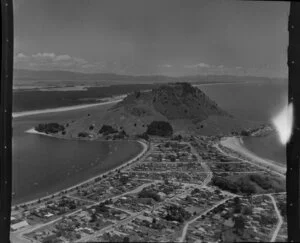 Mount Maunganui, Bay of Plenty, showing the Mount, township and beaches; Matakana Island in the background