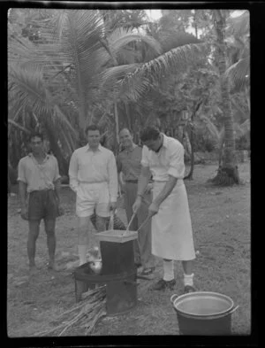 Unidentified men, three men from TEAL (Tasman Empire Airways Limited), cooking, Akaiami, Aitutaki, Rarotonga