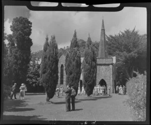Church at Paihia, Bay of Islands, Northland, with people outside