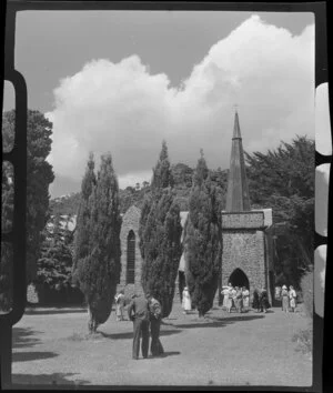 Church at Paihia, Bay of Islands, Northland, with people outside