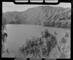 Lake Tutira, Hawke's Bay, showing hills and trees