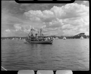 Auckland Anniversary Regatta, Auckland Harbour, showing sailing boats and ship