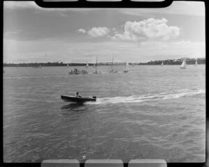 Auckland Anniversary Regatta, Auckland Harbour, showing sailing boats and small speed boat in foreground