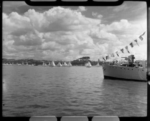 Auckland Anniversary Regatta, Auckland Harbour, showing sailing boats and part of ship
