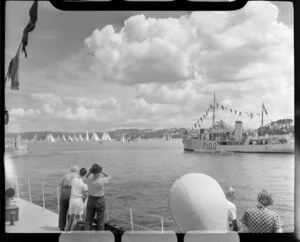 Auckland Anniversary Regatta, Auckland Harbour, showing sailing boats, ship and people watching