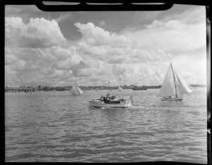 Auckland Anniversary Regatta, Auckland Harbour, showing sailing boats and charter boat