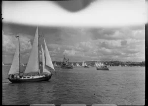 Auckland Anniversary Regatta, Auckland Harbour, showing sailing boats and other larger boats