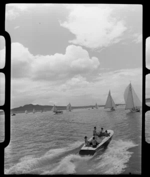 Auckland Anniversary Regatta, Auckland Harbour, showing sailing boats and speed boat