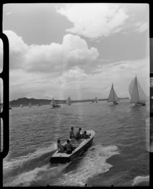 Auckland Anniversary Regatta, Auckland Harbour, showing sailing boats and speed boat in foreground