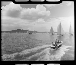 Auckland Anniversary Regatta, Auckland Harbour, showing sailing boats and speed boat