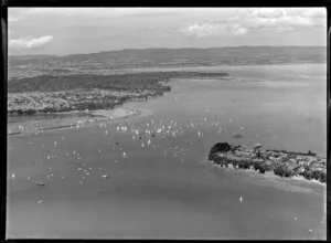 Yachting Regatta, Okahu Bay, Auckland, showing yachts, boats and residential area