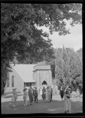 Congregation outside the Williams Memorial Church of St Paul, Paihia