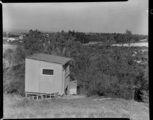 Maxwell subdivision, Mairangi Bay, North Shore, Auckland, showing small shed