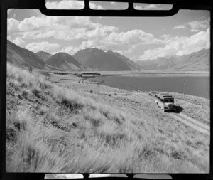 Lake Ohau, Waitaki District, Canterbury Region, showing bus travelling to Ohau Lodge