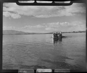 Lake Ohau, Waitaki District, Canterbury Region, showing charter boat with passengers