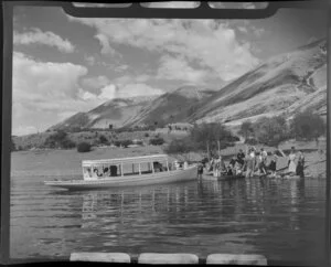 Lake Ohau, Waitaki District, Canterbury Region, showing passengers disembarking from charter boat