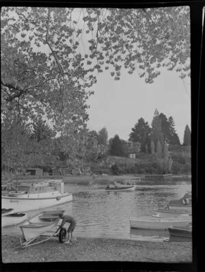 Taupo wharf, showing boats and dinghies