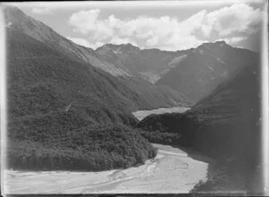 Hopkins Valley at the head of Lake Ohau, Waitaki District, Canterbury Region, showing tussock covered mountains