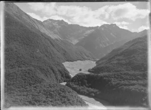 Hopkins Valley at the head of Lake Ohau, Waitaki District, Canterbury Region, showing tussock covered mountains