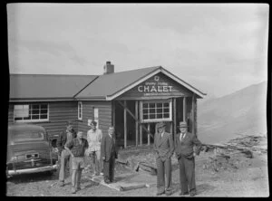 Unidentified men at Happy Valley Chalet, Coronet Peak, Otago