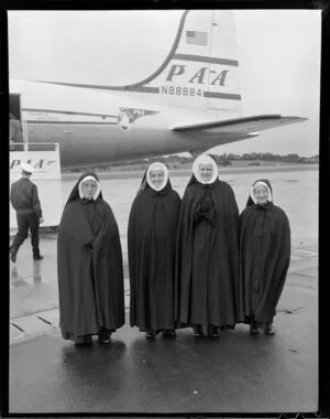 Catholic sisters arrival at Whenuapai airport on a PAWA (Pan Am World Airways) aircraft for Zealandia