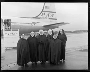 Catholic sisters arrival at Whenuapai airport on a PAWA (Pan Am World Airways) aircraft for Zealandia