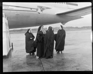 Catholic sisters arrival at Whenuapai airport on a PAWA (Pan Am World Airways) aircraft for Zealandia