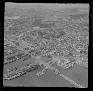 Auckland scene, including waterfront, commercial area, War Memorial Museum