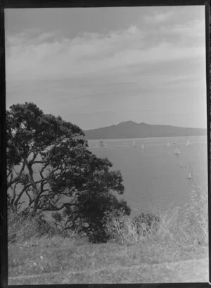 Yachting regatta from Bastion Point, Mission Bay, Auckland, showing Rangitoto Island