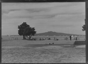 Mission Bay, Auckland, showing people on beach and Rangitoto Island