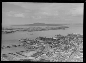 City scene, including commercial area, waterfront, looking out towards to Devonport and Rangitoto Island, Auckland