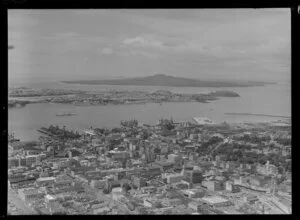 Auckland scene, including commercial area, waterfront and looking out towards Devonport and Rangitoto Island