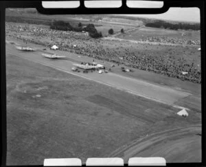 Harewood Airport, Christchurch, 1953 London-Christchurch Air Race, showing three canberra aircrafts and spectators