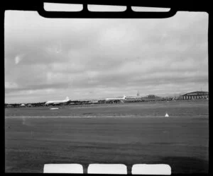 Harewood Airport, Christchurch, 1953 London-Christchurch Air Race, showing a BEA Viscount aircraft (front) and KLM DC6 aircraft (rear)