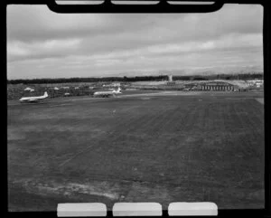 Harewood Airport, Christchurch, 1953 London-Christchurch Air Race, showing a BEA Viscount aircraft (front) and DC6 aircraft (rear)