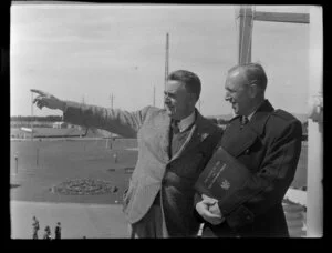 E A Gibson, Director of Civil Aviation and Captain W Bailie, British European Airways at the 1953 London-Christchurch Air Race, Harewood Airport, Christchurch