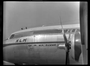 Front side view of a KLM DC6 liftmaster aircraft at the 1953 London-Christchurch Air Race, Harewood Airport, Christchurch