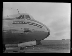 Front side view of a BEA Viscount aircraft at the 1953 London-Christchurch Air Race, Harewood Airport, Christchurch