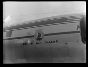 Side view of a KLM DC6 liftmaster aircraft at the 1953 London-Christchurch Air Race, Harewood Airport, Christchurch