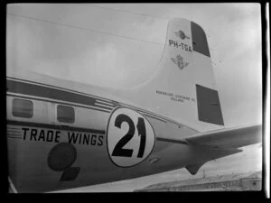 Tail end of a KLM DC6 liftmaster aircraft at the 1953 London-Christchurch Air Race, Harewood Airport, Christchurch